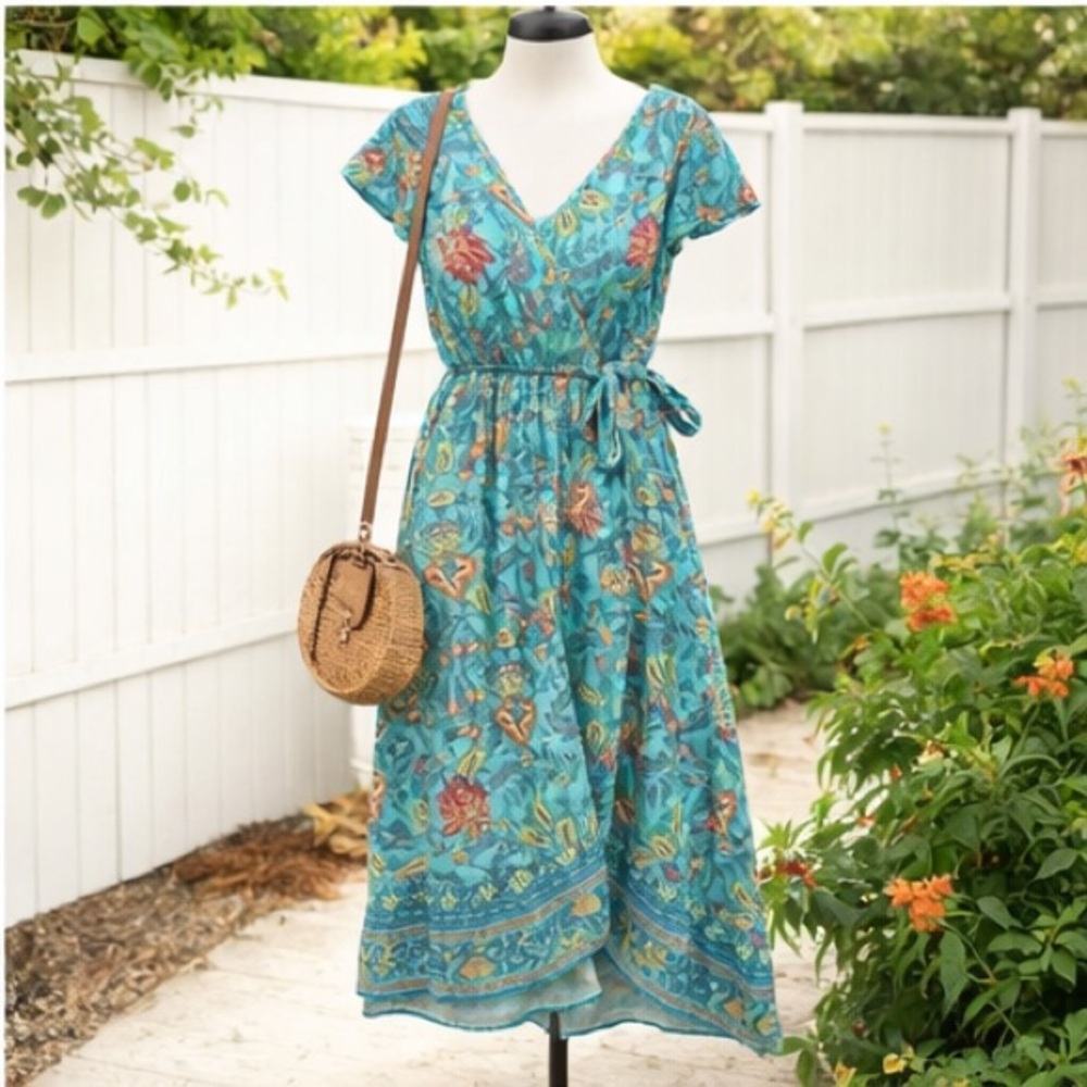 Band of the Free Faux Wrap Floral Maxi Dress Teal Rust Small Boho Pockets